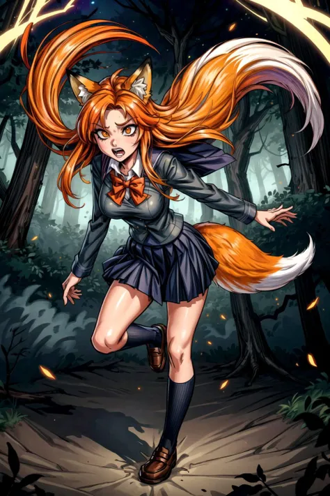 alien,orange hair,orange tail,a (candid:1.3) photo, (fox girl:1.3), orange theme, nature, forest,busy,(highschool uniform:1.6), blue white uniform, cute, perfection, big breasts,details,masterpiece,(orange fluffy tail),full body, in the woods lost, long hair,eerie,creepy,scary,insane,wow,end of the world, doomsday, insanity, crazy, black hole, universe,matrix,glitching,rainbow,end of the world,<lora:Astrobeauties:0>, <lora:more_details:1>