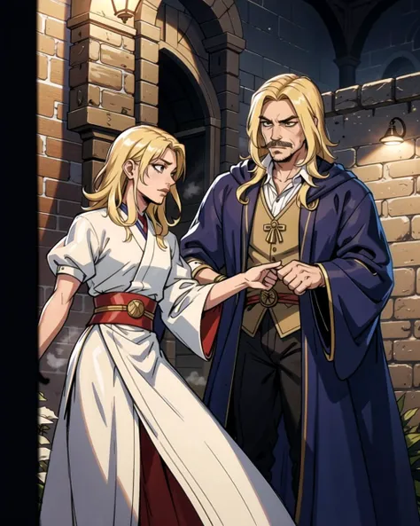 ((masterpiece), best quality, high quality, professional quality, highly detailed, highres, perfect lighting, natural lighting), (1boy, slender, handsome, mustache, medium length hair, blonde hair), wearing wizard robes, fighting, in a castle