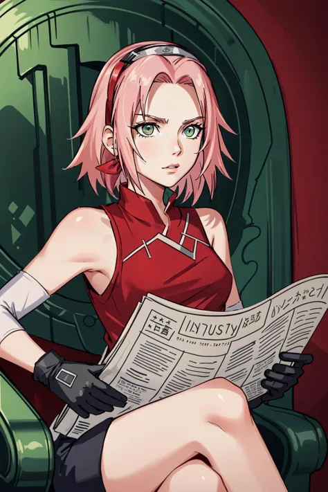 (masterpiece, best quality), intricate details,
(1girl), solo, <lora:sakuraharunotest-000010:0.8> sakura haruno, (green eyes:1.5), hairband, short hair, pink hair, (small breast:1.2),, bare shoulders, black gloves, forehead protector, gloves, konohagakure symbol, ninja, (red shirt:1.5), shirt, sleeveless, sleeveless shirt,
 <lora:TomReadingTheNewspaper:0.8> TomReadingTheNewspaper,