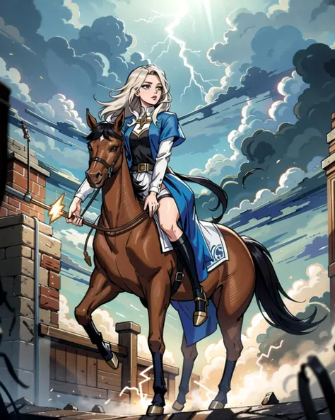 ((masterpiece), best quality, high quality, professional quality, highly detailed, highres, perfect lighting, natural lighting), young wizard, wearing elegant clothing, casting a lightning spell, from horseback