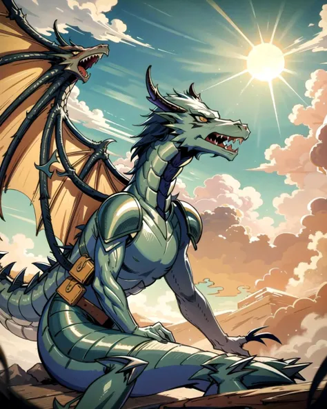 ((masterpiece), best quality, high quality, professional quality, highly detailed, highres, perfect lighting, natural lighting), yellow dragon, (1girl, wearing armor, sitting on dragon, dragon rider, holding weapon), flying, flames, magic, clouds, sun in background