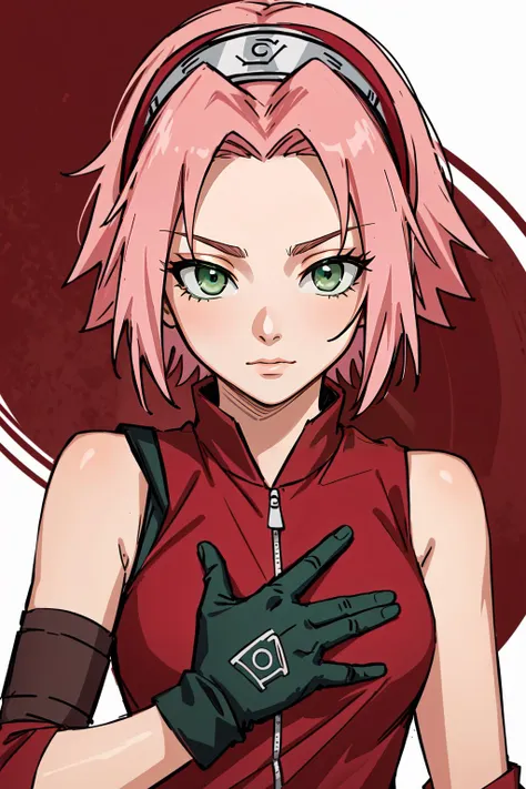 (masterpiece, best quality), intricate details,
(1girl), <lora:sakuraharunotest-000010:0.8> sakura haruno, (green eyes:1.5), hairband, short hair, pink hair, (small breast:1.2),, bare shoulders, black gloves, forehead protector, gloves, konohagakure symbol, ninja, (red shirt:1.5), shirt, sleeveless, sleeveless shirt,,