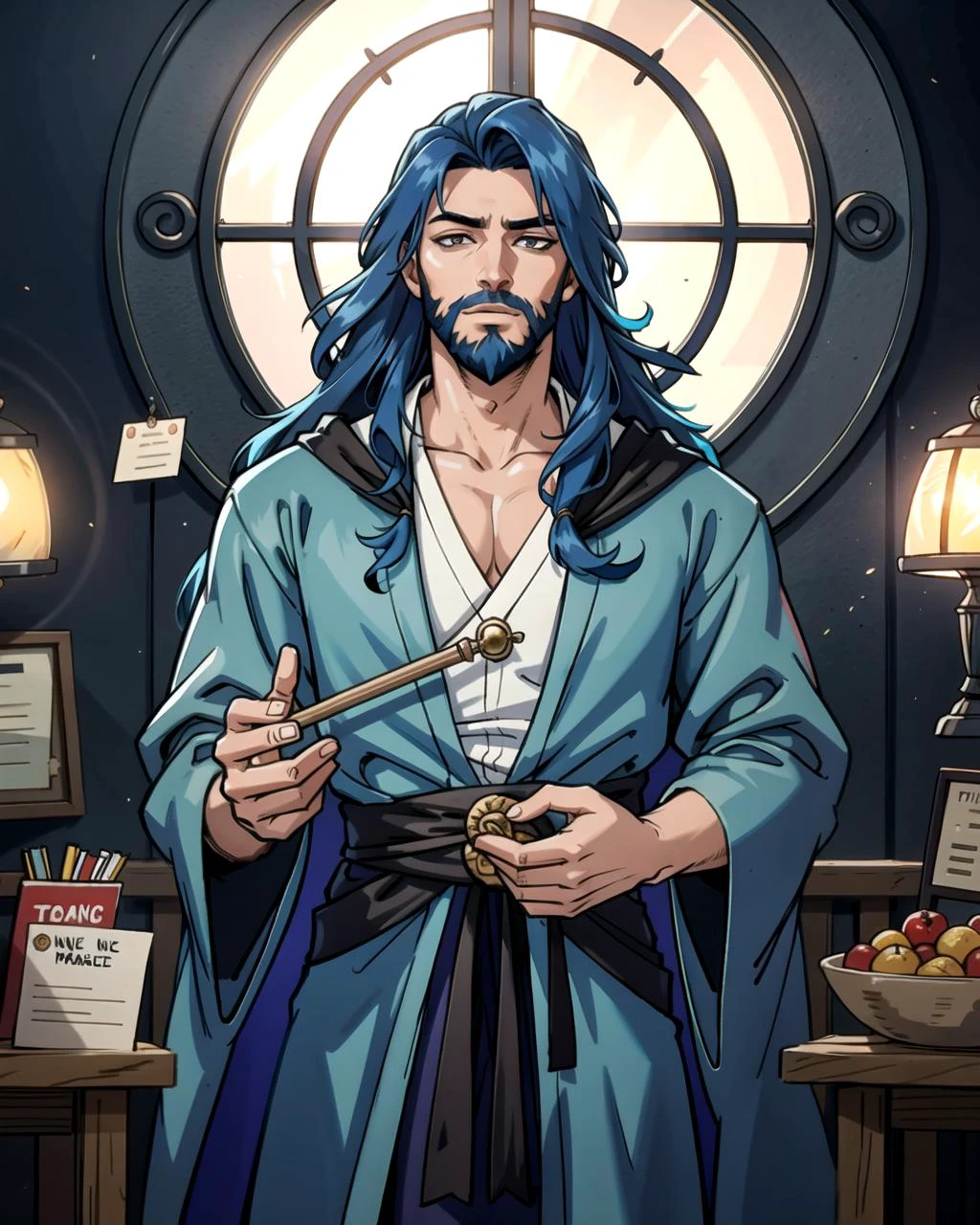 ((masterpiece), best quality, high quality, professional quality, highly detailed, highres, perfect lighting, natural lighting), (1boy, slender, handsome, long beard, long hair, blue hair), wearing wizard robes, casting a spell, in a castle