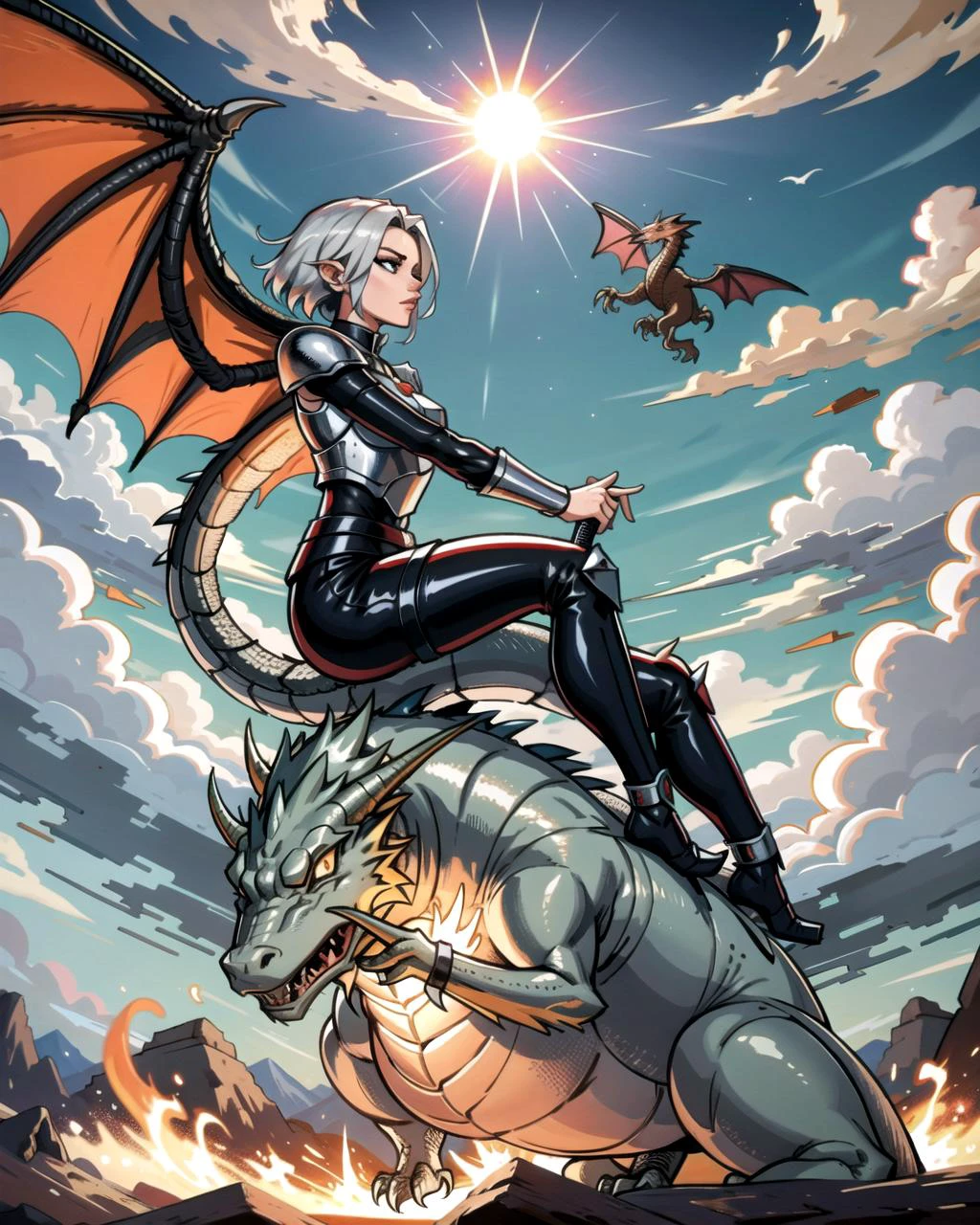 ((masterpiece), best quality, high quality, professional quality, highly detailed, highres, perfect lighting, natural lighting), silver dragon, (1girl, wearing armor, sitting on dragon, dragon rider, holding weapon), flying, flames, magic, clouds, sun in background