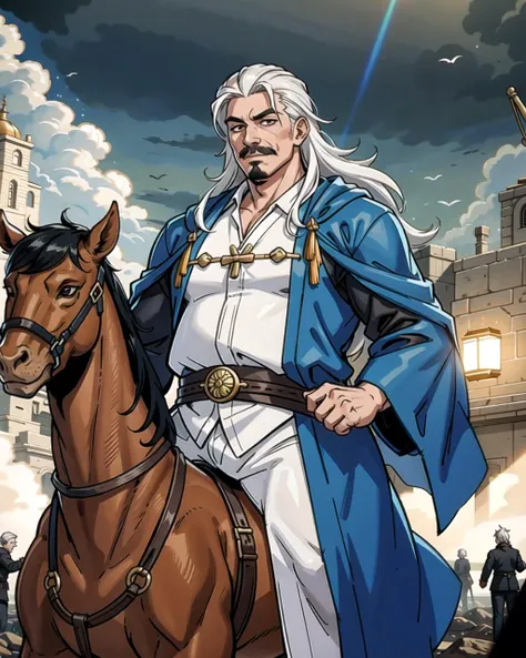 ((masterpiece), best quality, high quality, professional quality, highly detailed, highres, perfect lighting, natural lighting), (1boy, overweight, handsome, mustache, long hair, white hair), wearing wizard robes, riding a horse, on a battlefield