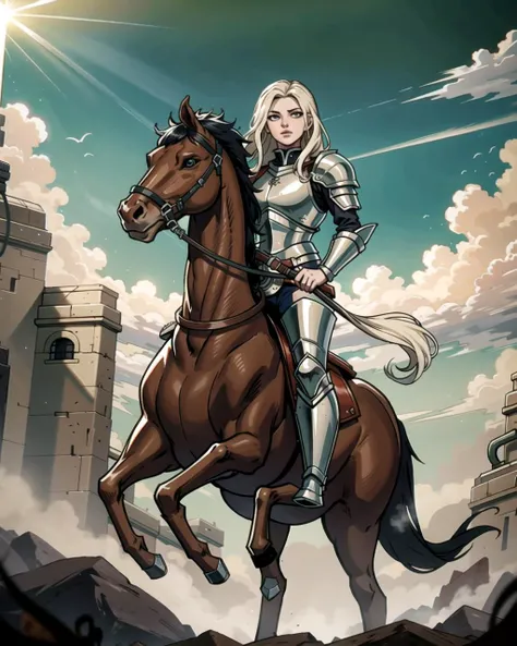 ((masterpiece), best quality, high quality, professional quality, highly detailed, highres, perfect lighting, natural lighting), knight, wearing armor, holding weapon, horseback, stallion, battle against army