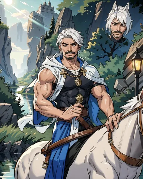 ((masterpiece), best quality, high quality, professional quality, highly detailed, highres, perfect lighting, natural lighting), (1boy, muscular, handsome, mustache, short hair, white hair), wearing wizard robes, riding a horse, by a lake