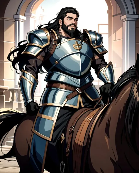 ((masterpiece), best quality, high quality, professional quality, highly detailed, highres, perfect lighting, natural lighting), (1boy, overweight, handsome, long beard, long hair, black hair), wearing armor, riding a horse, in a castle