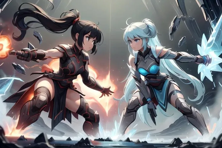 Deep focus, Two Shot, Cinematic Lighting, low angle shot, full shot, best quality, masterpiece, ultra high res, ((full body picture)), wide angle,facing viewer,2girls
AND looking to the right, 2girls, strong centered pose, looking concentrated, wielding magic, getting ready for battle, frostracetech,cryogenic <lora:FrostRaceTech:0.6>
AND looking to the left, 2girls, strong centered pose, looking concentrated, wielding magic, getting ready for battle, lava,style,world morph,magma <lora:MagmaTech:0.8>