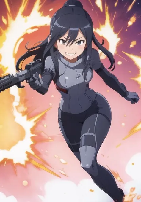 <lora:Pitohui_Elza:0.8>, Pitohui_Elza, smile, running, explosions, p90, holding p90, (acclaimed, alluring, captivating, exciting, gorgeous, striking:1.3), (highly detailed, high quality:1.3)
