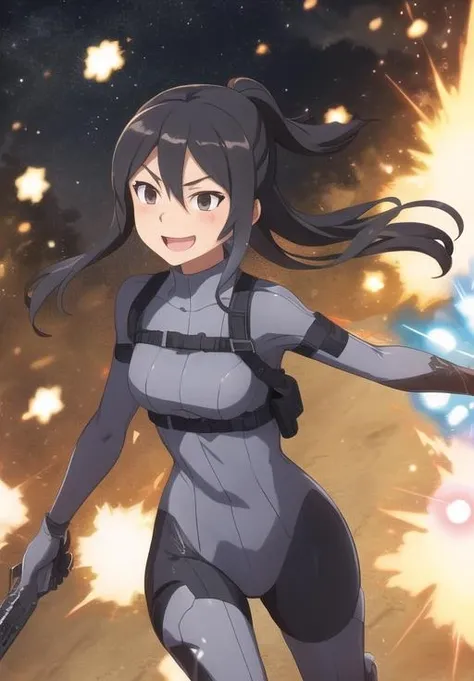 <lora:Pitohui_Elza:0.8>, Pitohui_Elza, smile, running, explosions, p90, holding p90, (acclaimed, alluring, captivating, exciting, gorgeous, striking:1.3), (highly detailed, high quality:1.3)