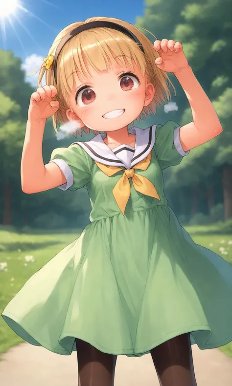score_8_up, score_7_up, score_6_up, score_5_up, score_4_up, anime screenshot,uncensored,
day,sun,solo,outdoors, meadow
1girl,Satoko Houjou,blonde hair, hairband, red eyes,short hair,
small breasts,child,
SatokoSchool,sailor collar, yellow necktie, green dress, black pantyhose,smile,
dynamic pose,arms up,
heavy breathing,respiratory vapour,paw pose,
, <lora:Satoko:1:step=5-15> <lora:Ichigo Mashimaro_XL_PONY:1>