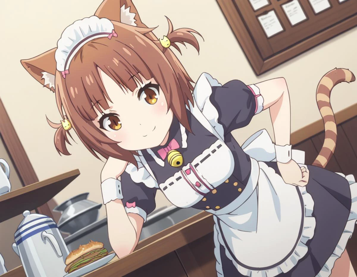 score_9, score_8_up, score_7_up, source_anime,
nekoparaazuki, <lora:nekopara-azuki-s1-ponyxl-lora-nochekaiser:1>,
azuki, short hair, brown hair, hair ornament, animal ears, brown eyes, cat ears, two side up,
apron, cat tail, maid, maid headdress, bell, waitress, striped tail,
indoors, cafe, bent over, smile,
looking at viewer, solo, cowboy shot, dutch angle,
