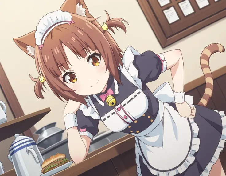 score_9, score_8_up, score_7_up, source_anime,
nekoparaazuki, <lora:nekopara-azuki-s1-ponyxl-lora-nochekaiser:1>,
azuki, short hair, brown hair, hair ornament, animal ears, brown eyes, cat ears, two side up,
apron, cat tail, maid, maid headdress, bell, waitress, striped tail,
indoors, cafe, bent over, smile,
looking at viewer, solo, cowboy shot, dutch angle,