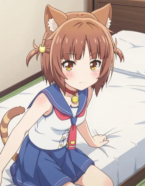 score_9, score_8_up, score_7_up, source_anime,
nekoparaazuki, <lora:nekopara-azuki-s1-ponyxl-lora-nochekaiser:1>,
azuki, short hair, brown hair, hair ornament, animal ears, brown eyes, cat ears, two side up,
skirt, school uniform, tail, serafuku, collar, blue skirt, bell, jingle bell, neck bell,
indoors, bed, bed room, on side, blush, drunk,
looking at viewer, solo, cowboy shot, dutch angle,