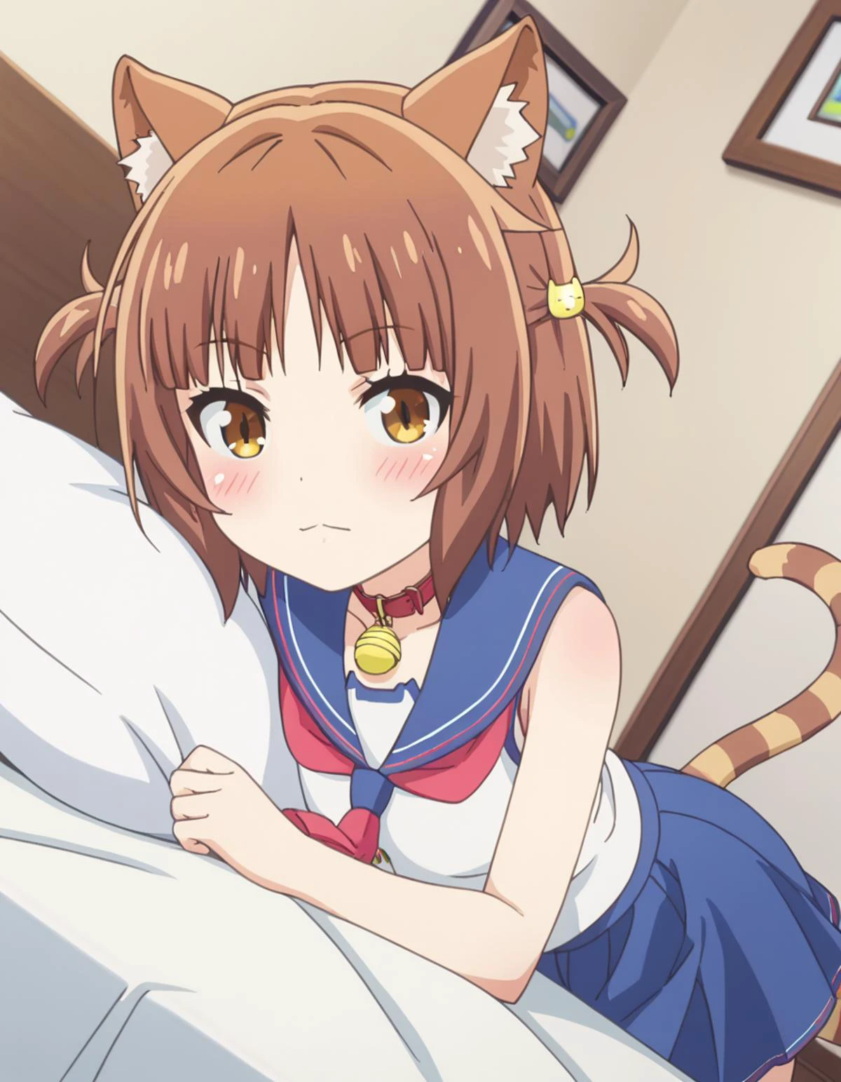 score_9, score_8_up, score_7_up, source_anime,
nekoparaazuki, <lora:nekopara-azuki-s1-ponyxl-lora-nochekaiser:1>,
azuki, short hair, brown hair, hair ornament, animal ears, brown eyes, cat ears, two side up,
skirt, school uniform, tail, serafuku, collar, blue skirt, bell, jingle bell, neck bell,
indoors, bed, bed room, on side, blush, drunk,
looking at viewer, solo, cowboy shot, dutch angle,