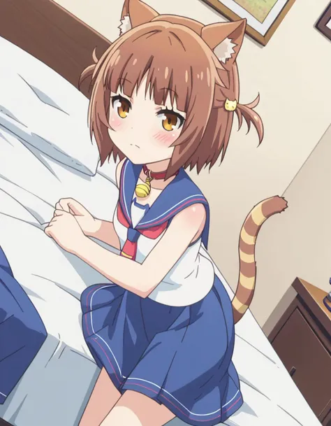 score_9, score_8_up, score_7_up, source_anime,
nekoparaazuki, <lora:nekopara-azuki-s1-ponyxl-lora-nochekaiser:1>,
azuki, short hair, brown hair, hair ornament, animal ears, brown eyes, cat ears, two side up,
skirt, school uniform, tail, serafuku, collar, blue skirt, bell, jingle bell, neck bell,
indoors, bed, bed room, on side, blush, drunk,
looking at viewer, solo, cowboy shot, dutch angle,