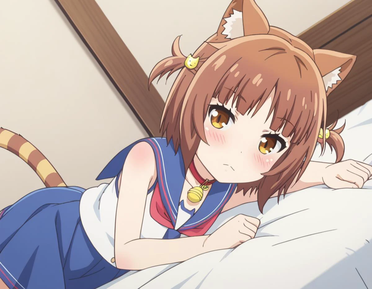 score_9, score_8_up, score_7_up, source_anime,
nekoparaazuki, <lora:nekopara-azuki-s1-ponyxl-lora-nochekaiser:1>,
azuki, short hair, brown hair, hair ornament, animal ears, brown eyes, cat ears, two side up,
skirt, school uniform, tail, serafuku, collar, blue skirt, bell, jingle bell, neck bell,
indoors, bed, bed room, on side, blush, drunk,
looking at viewer, solo, cowboy shot, dutch angle,