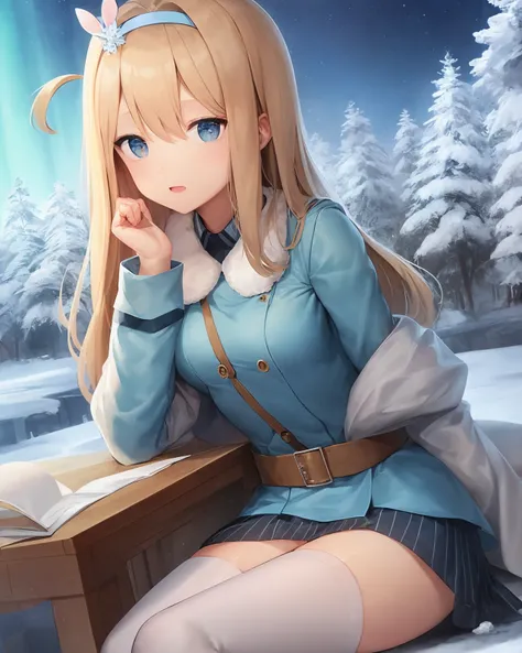 (extremely detailed CG unity 8k wallpaper),(masterpiece), (best quality), (ultra-detailed), (best illustration),(best shadow), cowboy shot, (sharp eyeliner, eyeshadow, detailed eyes:1.1), winter background, trees, snow, mountains, aurora borealis, sitting
,BREAK
suomi
<lora:Suomi:1>