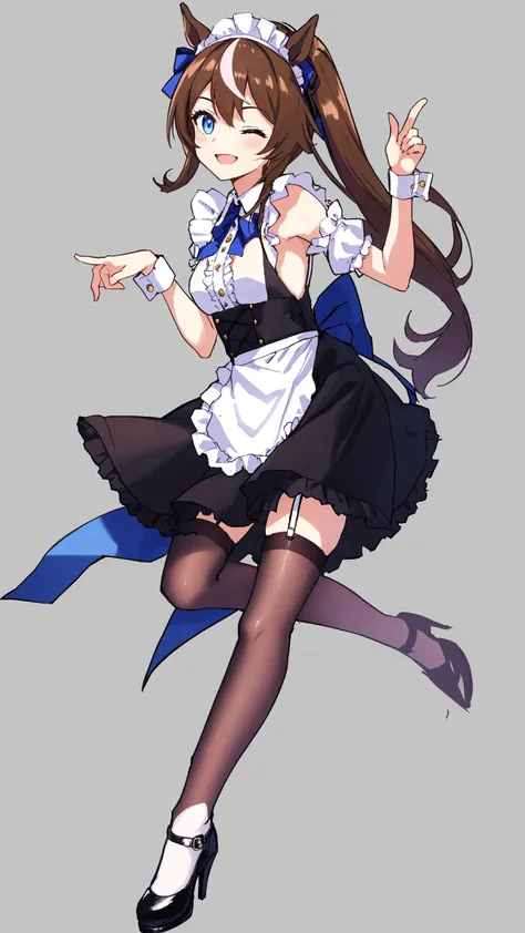 1girl, tokai_teio_(umamusume), maid, solo, smile, one_eye_closed, blue_eyes, long_hair, brown_hair, streaked_hair, horse_ears, horse_tail, wrist_cuffs, maid_apron, maid_headdress, apron, black_skirt, skirt small_breasts, arm_garter, frills, center_frills, high_heels, white_legwear, index_finger_raised, full_body, simple_background,best quality,amazing quality,very aesthetic,absurdres,