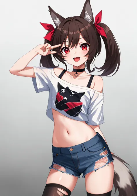 1girl, solo, wolf ears, brown hair, long hair, twintails, bangs, hair bow, hair ribbon, red eyes, open mouth, upper teeth, smile, v, looking at viewer, shoulder cutout, off-shoulder shirt, bare shoulders, collarbone, black choker, white shirt, bra strap, choker, off shoulder, clothes writing, contrapposto, cutoffs, midriff, navel, wolf tail, black legwear, torn legwear, torn shorts, denim shorts, standing, gradient, gradient background, cowboy shot,best quality,amazing quality,very aesthetic,absurdres,