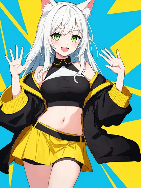 1girl,solo,green eyes,smile,:d,long hair,white hair,animal ears,animal ear fluff,eyebrows visible through hair,medium breasts,navel,bare shoulders,yellow jacket,off shoulder,crop top,midriff,yellow skirt,hand up,waving,cropped legs,simple background,blue background,best quality,amazing quality,very aesthetic,absurdres,