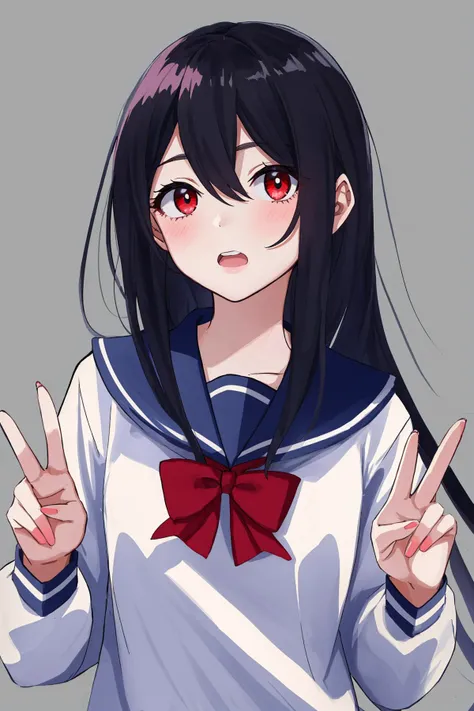 1girl, solo, black hair, long hair, bangs, hair between eyes, eyebrows visible through hair, looking at viewer, white shirt, serafuku, red bow, red bowtie, blue sailor collar, sailor collar, bowtie, long sleeves, blue skirt, pleated skirt, simple backgroundbest quality, amazing quality, very aesthetic, absurdres