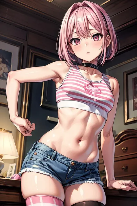 (masterpiece, best quality), 1girl, pink hair, crop top, denim shorts, bedroom, striped thighhighs, <lora:add_detail:1>,