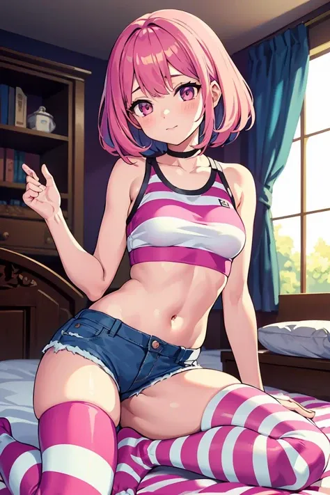 (masterpiece, best quality), 1girl, pink hair, crop top, denim shorts, bedroom, striped thighhighs,