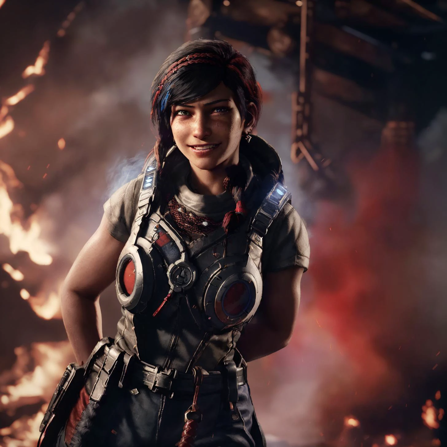 highres,8k,4k,hdr,soft light,((best quality)),((masterpiece)),(detailed),(1woman),(20 years old),2 red braids with jewelry,beanie,black hair,blue eyes,earrings,female focus,kait diaz,realistic,solo,<lora:KaitDiazV2.5:0.8>,blue eyes,smiling,teeth,gears of war armor,fur trim,shirt,pants,short sleeve,battlefield,facing looking at viewer,fire,flames,smoke,dust light particles,(((hand on hip))),smiling,(((winking))),(((seductively biting lower lip))),(((left hand running through hair))),<lora:80sHorror_Background:0.8>,80shorror,blood everywhere,background,<lora:Analog_Diffusion:0.8>,analog style,blur haze,<lora:akinanakamori:1>,akinanakamori,