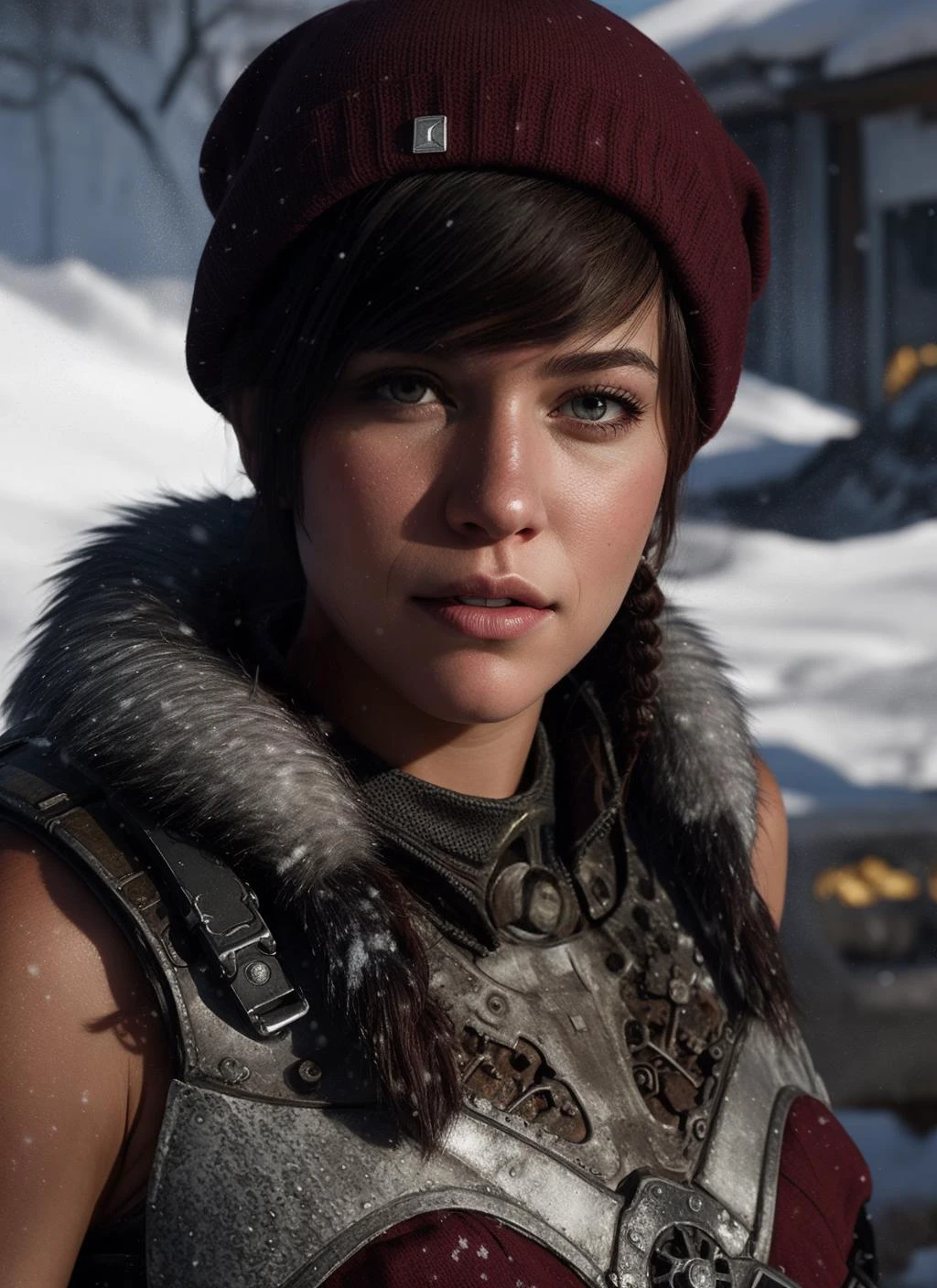 ((photorealistic)) portrait of Kait Diaz, maroon beanie, yellow half skirt, gears of war light armor, gears of war snow armor with fur, two red braids, tucked tan shirt, short sleeve, <lora:epi_noiseoffset2:0.8>, reflective metal armor, skin texture, <lora:Kait-Diaz-v2:0.65>,