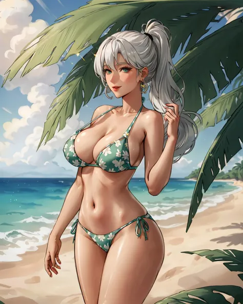 (Masterpiece, Best Quality), highres, (8k resolution), (Traditional Media), 2d, official art, (ultra-detailed portrait), (dynamic angle), cowboyshot:1.2, robocap, (solo), beautiful, (mature female), stylish, perfect face, (Detailed eyes, perfect eyes:1.2), (looking at viewer), (focus face), detailed face, green eyes, reflective eyes, lively, white hair, hair hair ornament, frilled bikini, side-tie bikini bottom, floral print, very long hair, (low ponytail,) bangs, eyes visible through hair, light smile, earrings, shiny, [shiny skin], (dynamic scene:1.1), standing, (dynamic pose), contrapposto, floating particles, 85mm, (Depth of field:1.1), sharp focus, light sparkles, (cinematic, dramatic), (best shadow), highly detailed,  8k, (extremely detailed background), tropical, palm tree, beach, flowers:0.4, (Details), perfect composition, (volumetric lighting), perfection, bokeh:0.4, (full body),  wide hips, (fantasy), fantastic, expressive, crystal cavern, sketch,   <lora:RobocapV3:0.6>