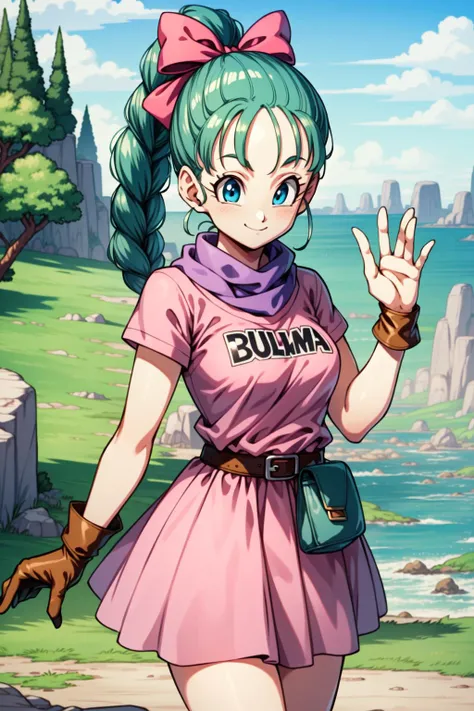 masterpiece, best quality, highres, dragon ball, blmpony, aqua hair, hair ribbon, braided ponytail, pink shirt, belt, scarf, pink skirt, clothes writing, brown gloves, medium breasts, <lora:bulma_v1:0.7>, outdoors, cowboy shot, waving, smile