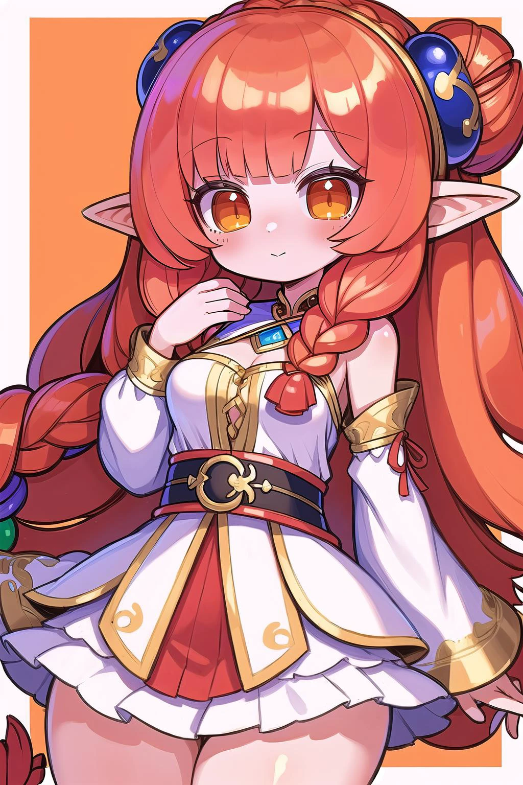 (masterpiece, best_quality, ultra-detailed, immaculate:1.3), epic, illustration, welcoming, 1girl, sorceress, elf, pastel red hair, Boho Braid,twin drills, simple background, in a control room, bombshell hair, red-orange hair with white highlights, hair bobbles, arm behind back / arms behind back<lora:EnvyCuteMix11:1>