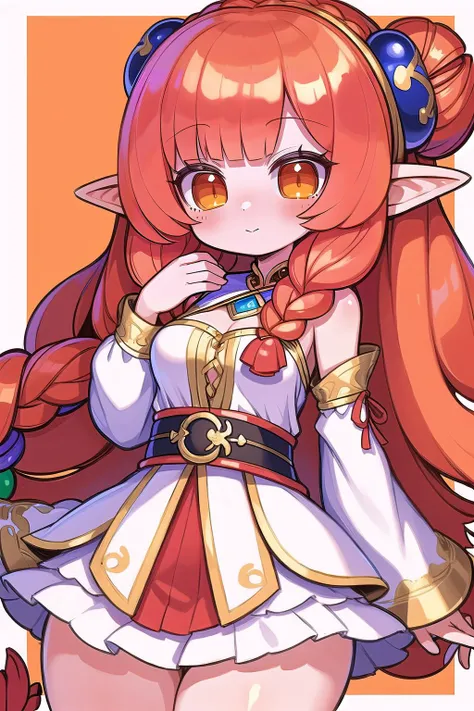 (masterpiece, best_quality, ultra-detailed, immaculate:1.3), epic, illustration, welcoming, 1girl, sorceress, elf, pastel red hair, Boho Braid,twin drills, simple background, in a  control room, bombshell hair, red-orange hair with white highlights, hair bobbles, arm behind back / arms behind back<lora:EnvyCuteMix11:1>