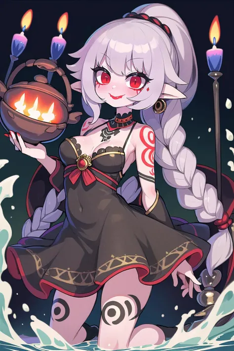(masterpiece, best_quality, ultra-detailed, immaculate:1.3), epic, illustration, 1girl, full body, malevolent goddess, (flowing dress:1),(intricate tattoos:1.3),(red lipstick:1.3), , (Black candles,Bubbling cauldron:1.3),In a palace made of dark crystal or ice, in a Egyptian valley, bombshell hair, shiny gray hair with sea green highlights, twin braids,Twist Ponytail, villain pose<lora:EnvyCuteMix11:1>