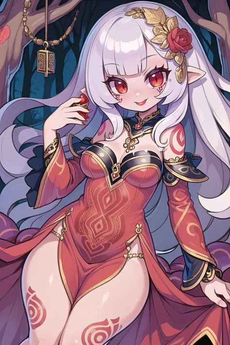 (masterpiece, best_quality, ultra-detailed, immaculate:1.3), epic, illustration, 1girl, portrait, malevolent goddess, (intricate tattoos:1.3),(flowing dress:1.3),(red lipstick:1.3), , (Treasure map:1.3),In a forest of thorns and dead trees, in an autumn forest, bombshell hair, platinum hair, spiked hair, claw pose<lora:EnvyCuteMix11:1>