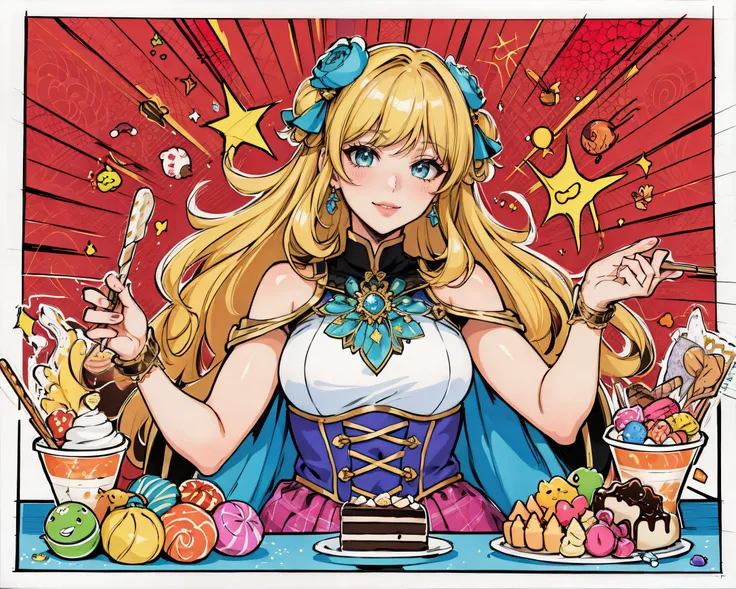 (Masterpiece, Best Quality), highres, Manga, (2d), (Traditional Media:1.2), official art 1girl, (solo), dynamic, portrait, retro artstyle, a cartoon character (woman) on a colorful background sitting on a delicious drizzling cake, art by ro_g_(oowack), wide shot, mature female, fire emblem heroes, [outline], (upper body), Maximum yellow hair, Green Lizard eyes, (detailed deep eyes), tsurime, (lips, nose, long face:1.2), aged up, elegant, curvy, medium breasts, medium-length messy hair, (long sidelocks), fringe trim, expressive, Ayami Kojima, light smile, translucent skirt, appliques, candy trim, bubblegum, blush, surprised, treats, chocolate bar, [fruits], high detail illustration, lineart, space art, pool of honey and syrup, [confetti], ice cream, candy_hair_ornament , wrapped candy, sweet, fluffy capelet, frills, cute fantasy, shiny, cinematic lighting:1.1, scenery, (glaze), bare shoulders, high heel boots, lace trim, contrast, extremely detailed, intricate, (Details:1.2), Clothing style,  Clothing print, (alternate costume:1.1), full body, (transparent background:1.2), floating particles, pop art, art deco