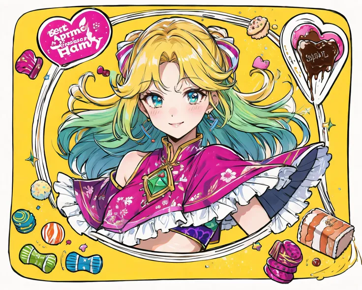 (Masterpiece, Best Quality), highres, Manga, (2d), (Traditional Media:1.2), official art, (solo), dynamic, portrait, retro artstyle, a cartoon character on a colorful background, art by ro_g_(oowack), wide shot, (mature female:1.2), fire emblem heroes, [outline], (upper body:1.2), Rajah hair, Patriarch eyes, (detailed deep eyes), tsurime, (lips, nose, long face:1.2), aged up, elegant, curvy, medium breasts, medium-length messy hair, (long sidelocks), fringe trim, expressive, Ayami Kojima, light smile, flirting, translucent skirt, appliques, candy trim, bubblegum, blush, surprised, treats, chocolate bar, high detail illustration, lineart, space art, pool of honey and syrup, [confetti], ice cream, candy_hair_ornament , wrapped candy, sweet, fluffy capelet, frills, cute fantasy, shiny, cinematic lighting:1.1, scenery, (glaze), bare shoulders, high heel boots, lace trim, contrast, extremely detailed, intricate, (Details:1.2), Clothing style,  Clothing print, (alternate costume:1.1), full body, (transparent background:1.2), floating particles, pop art, art deco