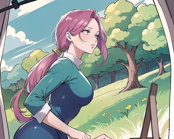(Masterpiece, Best Quality:1.4), absurdres, High Quality, (8k resolution wallpaper), (Traditional Media:1.2), ((2d)), (lineart), Manga, (retro artstyle), Fantasy Art, Original, Official Art, Solo, (full angle of view:1.3),  wide shot, cinematic, (dynamic angle:1.2), {extremely detailed background), scenery, (dynamic pose:1.2), (cowboy shot), full body, (mature female:1.2), aged up, elderly woman, adult, pinup:0.3, (long face, nose, lips:1.2), a beautiful woman on a grassy hill painting \(action\), easel,  countryside, golden hour, sunlight, view of fantasy kingdom in the background, studio ghibli:0.4, (Detailed deep eyes:1.2), Mexican pink hair, long hair, low ponytail, shirt, pants, midi dress, capelet, long sleeves, breasts, atmosphere, trees, wind, (best shadow), 85mm, (intricate details), flowers in foreground,handmade2d, <lora:nunnyaStyleMySisters_v10:0.4>, <lora:reiqStyleLORA_v2:0.2>, <lora:rossdrawsArtStyle_v1:0.4>, <lora:sadeAbyssArtSyle_20:0.4>,