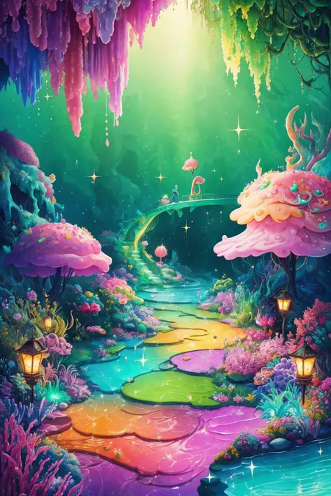 (Masterpiece, best quality:1.3), highly detailed, fantasy, <lora:Candyland-10:0.75>, 8k, (2d), (traditional media:1.2), cinematic, (volumetric lighting), sharp focus, 80mm, candyland, dynamic, cinematic, ultra-detailed, full background, fantasy, illustration, drip, sparkle, pancake:1.3), (ocean), grass, syrup, glitter, fantastic, jello water, cavern, dungeon, epic, scenery, ((no humans)), drizzle, beautiful, (shiny:1.2), various colors, bloom:0.4, extremely detailed, (pink and green theme:1.3), striped, rainbow, (gradients), (high fantasy:1.2), light palette, limited paletglowing, ((extremely detailed cg unity)), (small details:1.1), 2.35:1 (Cinemascope) aspect ratio