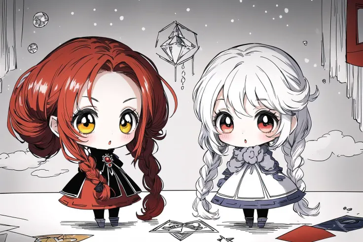(Masterpiece, Best Quality:1.3), highres, 8k, highly detailed, (4koma:1.5), comic, illustration, chibi inset, fantasy, thick lineart, full angle view, (papercraft:1.4), (chibi:1.3), outline, ((centered)), <lora:Sugar_Rune-20:0.75>, sugar_rune, cloud hair, cloud dress, fluffy, pearl (gemstone), polka dot, bubble, snow, 2girls, gloves, afro, looking at viewer, hair ornament, yellow eyes, winter clothes, fluffy, emphasis lines), :o, !, (striped), gradient, film grain, silhouette, checkered, speech bubble, graphite \(medium\), red eyes, (low twinbraids:1.4), half updo, ((hyperrealistic)), fantastic composition, expressive