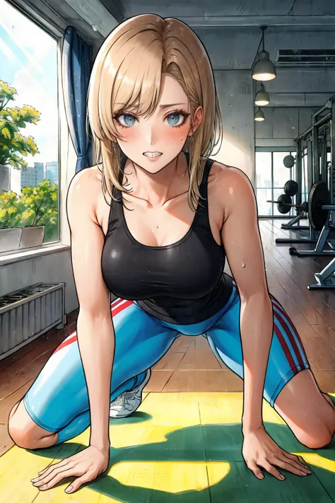 (Masterpiece, Best Quality), highres, (8k resolution wallpaper), (Traditional Media:1.2), dutch angle, Manga, upper, body, mature female, perfect face, detailed face, detailed eyes, !, beautiful, tank top, yoga pants, gym, interior, exercise, sweat, clenched teeth, perfect teeth, (details), sharp focus, shadow, depth of field, sunlight, day, full body, extremely detailed background, fantastic, <lora:RobocapV3:0.3>, (deep depth of field:1.3)