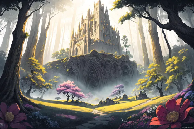 (Masterpiece, best quality:1.4),highly detailed, high quality, 8k, ultra-detailed, dynamic landscape, epic, fantasy landscape, mythical realm of magic and splendor, gold, forest, world of various colors, flowers, beautiful, ethereal, (deep depth of field), volumetric lighting, ancient architecture, perfect composition, (no humans:1.2)
