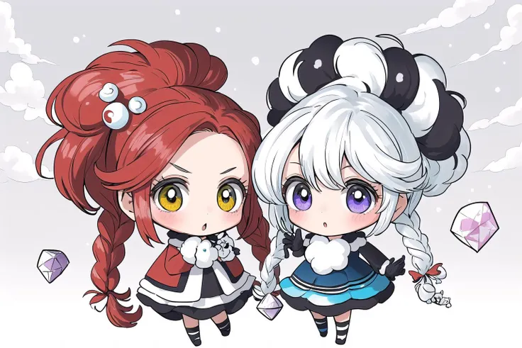 (Masterpiece, Best Quality:1.3), highres, 8k, highly detailed, (4koma:1.5), comic, illustration, chibi inset, [sticker:0.4], fantasy, thick lineart, full angle view, from below, atmosphere, (papercraft:1.4), (chibi:1.3), outline, ((centered)), <lora:Sugar_Rune-20:0.85>, sugar_rune, cloud hair, cloud dress, fluffy, pearl (gemstone), striped, bubble, snow, 2girls, gloves, afro, looking at viewer, hair ornament, yellow eyes, winter clothes, fluffy, emphasis lines), :o, !,  (striped), gradient, film grain, silhouette, checkered, speech bubble, graphite \(medium\), red eyes, (low twinbraids:1.4), half updo, ((hyperrealistic)), fantastic composition, expressive, pokemon \(creature\)