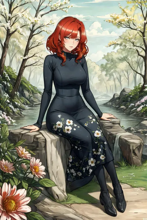 (Masterpiece, Best Quality), highres, (8k resolution wallpaper), (Traditional Media:1.2), dutch angle, Manga, robocap, upper, body, mature female, perfect face, detailed face, detailed eyes, !, beautiful, red hair, curls, sidelocks, outdoors, (details:1.2),sitting, spring, nature, flowers, dress, floral print, sharp focus, shadow, depth of field, volumetric lighting, sunlight, day, full body, focus face, extremely detailed background, fantastic, <lora:RobocapV3:0.6>, dreamlike, enchanting, [bloom:0.5]