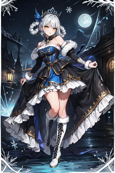 (masterpiece, best quality:1.2), highres, best illustration, 8k wallpaper, (Traditional Media), ((2d:1.2)), wide shot, (dynamic angle, dynamic pose:1.1),<lora:Skirt_TailV2:0.6>,  outline, ((thick lineart)), cover, stylish, official art, skirt_tail, (solo), (full body:1.2), mature female, perfect face, (detailed eyes, perfect face), (yellow eyes), eye shine, eyelashes, looking at viewer, (details:1.2), makeup, jewelry, hair ornament, lips, tiara, white hair, (hair rings:1.1), earrings, standing,, blue dress, bare shoulders, detached sleeves, frills, (white thighighs:1.2), fur trim, frills, high heel boots, white footwear, (fantasy), garden, bloom:1.1, [glow:0.2], shadow, nature, (snowflakes), (night sky:1.1), architecture, particles, (depth of field), sharp focus, ((volumetric lighting)), (bokeh:0.6), film grain:0.4, sky, ((dark)), winter clothes, (comfy), <lora:lowra_v10:0.4>