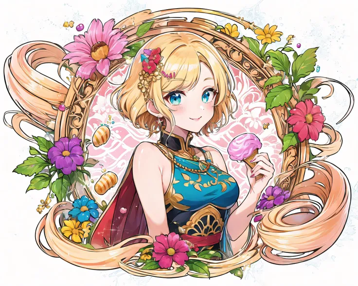 (Masterpiece, Best Quality), highres, Manga, (2d), (Traditional Media:1.2), official art, (solo), dynamic, portrait, retro artstyle, a cartoon character on a colorful background, art by ro_g_(oowack), wide shot, (mature female:1.2), fire emblem heroes, [outline], (upper body:1.2), Rajah hair, Patriarch eyes, (detailed deep eyes), tsurime, (lips, nose, long face:1.2), aged up, elegant, curvy, medium breasts, medium-length messy hair, (long sidelocks), fringe trim, expressive, Ayami Kojima, light smile, flirting, translucent skirt, appliques, candy trim, bubblegum, blush, surprised, treats, chocolate bar, high detail illustration, lineart, space art, pool of honey and syrup, [confetti], ice cream, candy_hair_ornament , wrapped candy, sweet, fluffy capelet, frills, cute fantasy, shiny, cinematic lighting:1.1, scenery, (glaze), bare shoulders, high heel boots, lace trim, contrast, extremely detailed, intricate, (Details:1.2), Clothing style,  Clothing print, (alternate costume:1.1), full body, (transparent background:1.2), floating particles, pop art, art deco