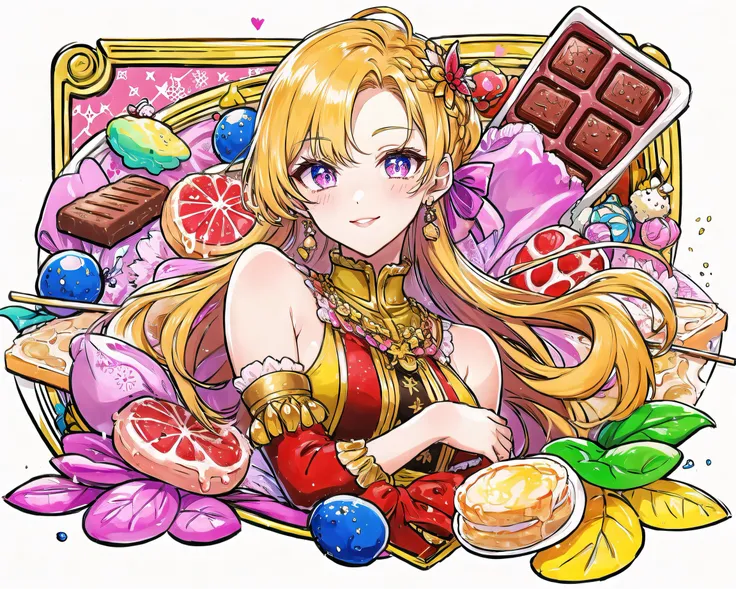 (Masterpiece, Best Quality), highres, Manga, (2d), (Traditional Media:1.2), official art, (solo), dynamic, portrait, retro artstyle, a cartoon character on a colorful background, art by ro_g_(oowack), wide shot, (mature female:1.2), fire emblem heroes, [outline], (upper body:1.2), Rajah hair, Patriarch eyes, (detailed deep eyes), tsurime, (lips, nose, long face:1.2), aged up, elegant, curvy, medium breasts, medium-length messy hair, (long sidelocks), fringe trim, expressive, Ayami Kojima, light smile, flirting, translucent skirt, appliques, candy trim, bubblegum, blush, surprised, treats, chocolate bar, high detail illustration, lineart, space art, pool of honey and syrup, [confetti], ice cream, candy_hair_ornament , wrapped candy, sweet, fluffy capelet, frills, cute fantasy, shiny, cinematic lighting:1.1, scenery, (glaze), bare shoulders, high heel boots, lace trim, contrast, extremely detailed, intricate, (Details:1.2), Clothing style,  Clothing print, (alternate costume:1.1), full body, (transparent background:1.2), floating particles, pop art, art deco