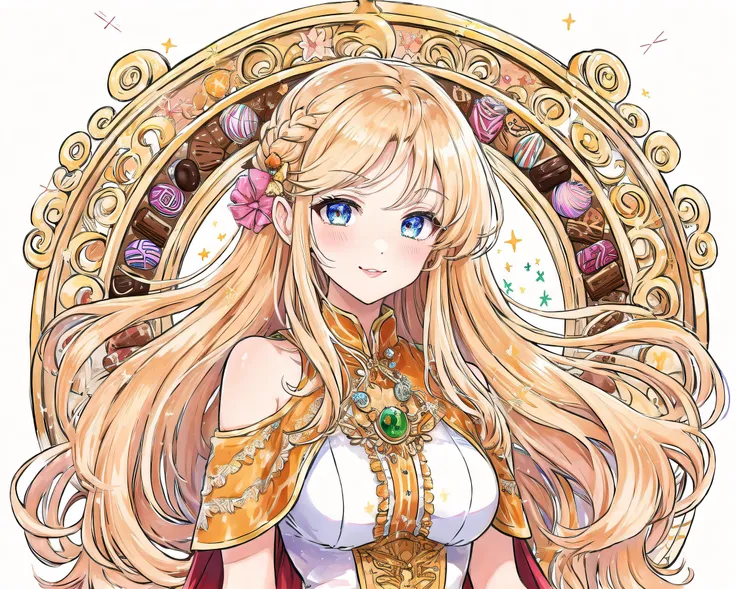 (Masterpiece, Best Quality), highres, Manga, (2d), (Traditional Media:1.2), official art, (solo), dynamic, portrait, retro artstyle, a cartoon character on a colorful background, art by ro_g_(oowack), wide shot, (mature female:1.2), fire emblem heroes, [outline], (upper body:1.2), Rajah hair, Patriarch eyes, (detailed deep eyes), tsurime, (lips, nose, long face:1.2), aged up, elegant, curvy, medium breasts, medium-length messy hair, (long sidelocks), fringe trim, expressive, Ayami Kojima, light smile, flirting, translucent skirt, appliques, candy trim, bubblegum, blush, surprised, treats, chocolate bar, high detail illustration, lineart, space art, pool of honey and syrup, [confetti], ice cream, candy_hair_ornament , wrapped candy, sweet, fluffy capelet, frills, cute fantasy, shiny, cinematic lighting:1.1, scenery, (glaze), bare shoulders, high heel boots, lace trim, contrast, extremely detailed, intricate, (Details:1.2), Clothing style,  Clothing print, (alternate costume:1.1), full body, (transparent background:1.2), floating particles, pop art, art deco